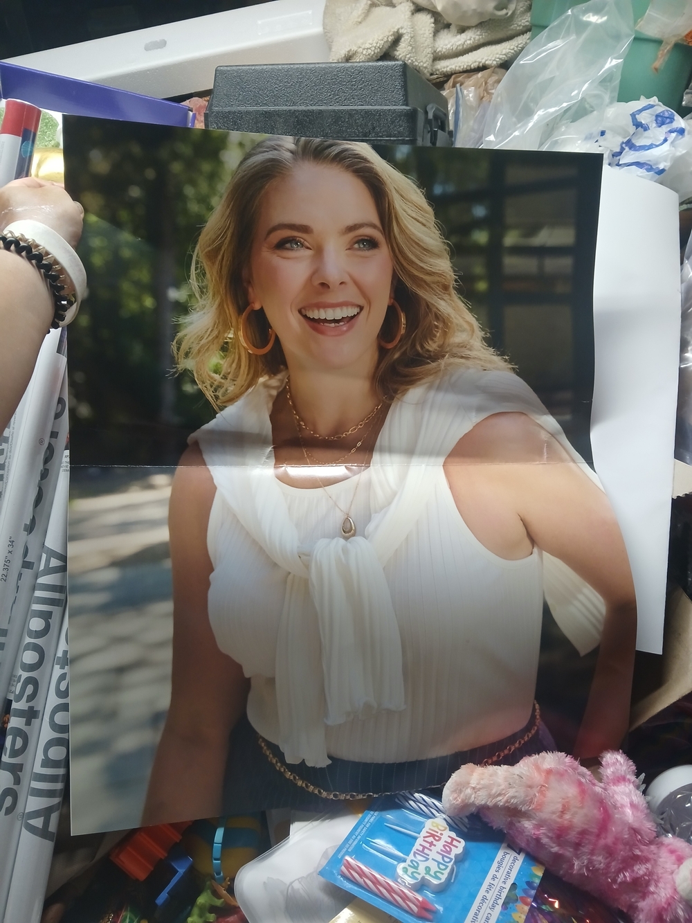 white sleeveless top showcases elegant draped, tie-neck 24"x20"cato Poster